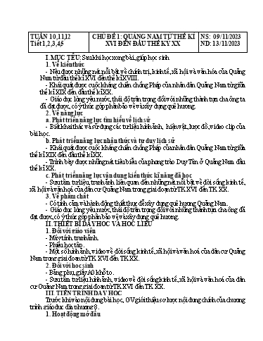 Giáo án Giáo dục địa phương Lớp 8 - Tuần 10+11+12 - Chủ đề 1: Quảng Nam từ thế kỉ XVI đến đầu thế kỷ XX - Năm học 2023-2024 - Đinh Hoài My - Trường THCS Lê Ngọc Giá