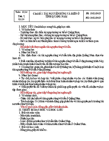 Giáo án Giáo dục địa phương Lớp 8 - Tuần 13+14 - Chủ đề 2: Tài nguyên rừng và biển ở tỉnh Quảng Nam - Năm học 2023-2024 - Đinh Hoài My - Trường THCS Lê Ngọc Giá