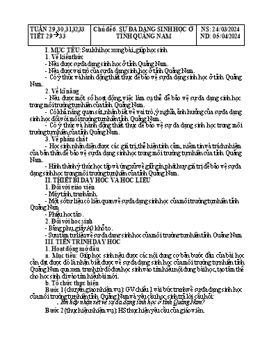 Giáo án Giáo dục địa phương Lớp 8 - Tuần 29-33 - Chủ đề 6: Sự đa dạng sinh học ở tỉnh Quảng Nam - Năm học 2023-2024 - Đinh Hoài My - Trường THCS Lê Ngọc Giá