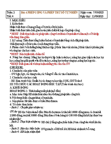Kế hoạch bài dạy Đại số Lớp 6 Sách Kết nối tri thức - Tuần 2 - Bài 4: Phép cộng và phép trừ số tự nhiên - Năm học 2023-2024 - Hoàng Thị Thêm