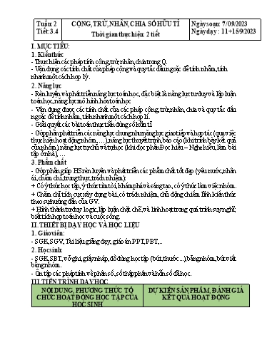 Kế hoạch bài dạy Đại số Lớp 7 Sách Kết nối tri thức - Tuần 2 - Tiết 3+4: Cộng, trừ, nhân, chia số hữu tỉ - Năm học 2023-2024 - Hoàng Thị Thêm