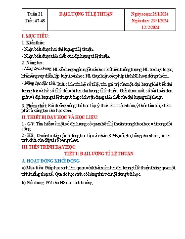 Kế hoạch bài dạy Đại số Lớp 7 Sách Kết nối tri thức - Tuần 21 - Tiết 47+48: Đại lượng tỉ lệ thuận - Năm học 2023-2024 - Hoàng Thị Thêm