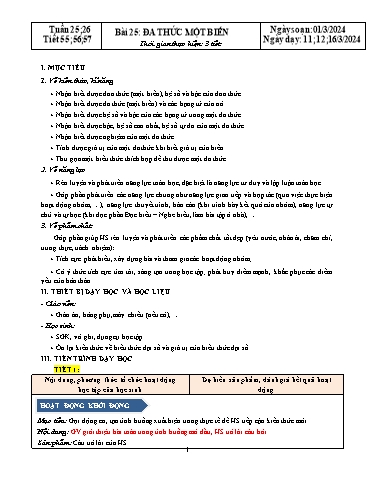 Kế hoạch bài dạy Đại số Lớp 7 Sách Kết nối tri thức - Tuần 25+26 - Bài 25: Đa thức một biến - Năm học 2023-2024 - Hoàng Thị Thêm
