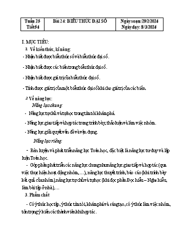 Kế hoạch bài dạy Đại số Lớp 7 Sách Kết nối tri thức - Tuần 25 - Bài 24: Biểu thức đại số - Năm học 2023-2024 - Hoàng Thị Thêm