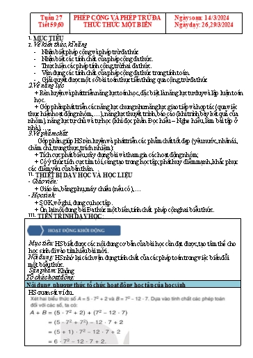 Kế hoạch bài dạy Đại số Lớp 7 Sách Kết nối tri thức - Tuần 27 - Tiết 59+60: Phép cộng và phép trừ đa thức thức một biến - Năm học 2023-2024 - Hoàng Thị Thêm