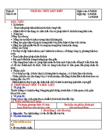 Kế hoạch bài dạy Đại số Lớp 7 Sách Kết nối tri thức - Tuần 29 - Tiết 63+64: Nhân đa thức một biến - Năm học 2023-2024 - Hoàng Thị Thêm