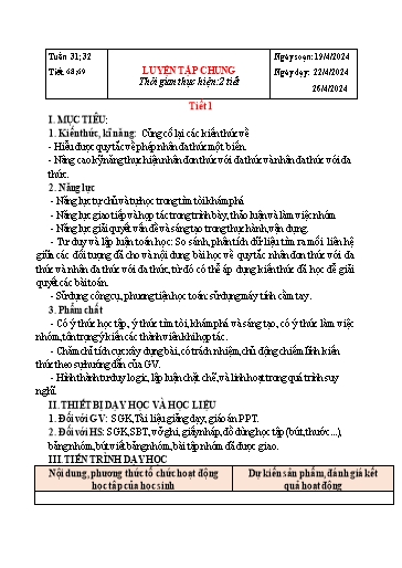 Kế hoạch bài dạy Đại số Lớp 7 Sách Kết nối tri thức - Tuần 31+32 - Tiết 68+69: Luyện tập chung - Năm học 2023-2024 - Hoàng Thị Thêm