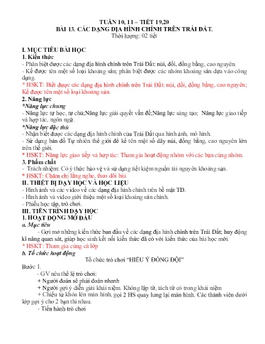 Kế hoạch bài dạy Địa lí Lớp 6 Sách Kết nối tri thức - Tuần 10 - Bài 13: Các dạng địa hình chính trên Trái Đất - Năm học 2023-2024 - Hồ Thị Thu Hạ