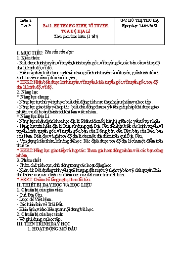 Kế hoạch bài dạy Địa lí Lớp 6 Sách Kết nối tri thức - Tuần 2 - Bài 1: Hệ thống kinh, vĩ tuyến. Tọa độ địa lí - Năm học 2023-2024 - Hồ Thị Thu Hạ Kế hoạch bài dạy Địa lí Lớp 6 Sách Kết nối tri thức - Tuần 2 - Bài 1: Hệ thống kinh, vĩ tuyến. Tọa độ địa lí - Năm học 2023-2024 - Hồ Thị Thu Hạ