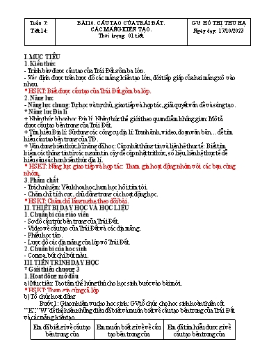 Kế hoạch bài dạy Địa lí Lớp 6 Sách Kết nối tri thức - Tuần 7 - Bài 10: Cấu tạo của Trái Đất. Các mảng kiến tạo - Năm học 2023-2024 - Hồ Thị Thu Hạ