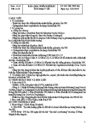 Kế hoạch bài dạy Địa lí Lớp 8 Sách Kết nối tri thức - Tuần 12+13 - Bài 4: Đặc điểm khí hậu - Năm học 2023-2024 - Hồ Thị Thu Hạ
