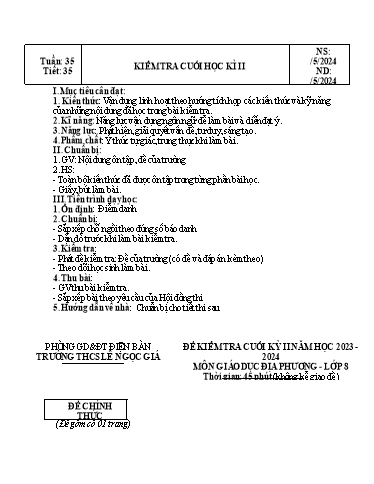 Kế hoạch bài dạy Giáo dục địa phương Lớp 8 - Tuần 35 - Năm học 2023-2024 - Doãn Thị Tố Lan