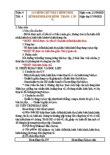 Kế hoạch bài dạy Hình học Lớp 6 Sách Kết nối tri thức - Tuần 4 - Bài 19: Hình chữ nhật. Hình thoi. Hình bình hành. Hình thang cân - Năm học 2023-2024 - Hoàng Thị Thêm