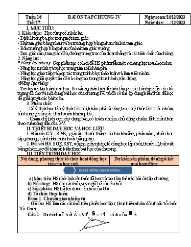 Kế hoạch bài dạy Hình học Lớp 7 Sách Kết nối tri thức - Tuần 16 - Tiết 27: Bài ôn tập chương 4 - Năm học 2023-2024 - Hoàng Thị Thêm