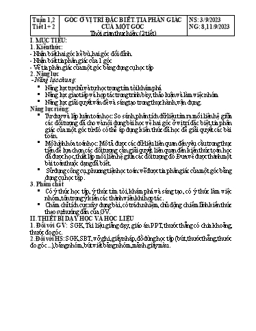 Kế hoạch bài dạy Hình học Lớp 7 Sách Kết nối tri thức - Tuần 1+2 - Tiết 1+2: Góc ở vị trí đặc biết. Tia phân giác của một góc - Năm học 2023-2024 - Hoàng Thị Thêm Kế hoạch bài dạy Hình học Lớp 7 Sách Kết nối tri thức - Tuần 1+2 - Tiết 1+2: Góc ở vị trí đặc biết. Tia phân giác của một góc - Năm học 2023-2024 - Hoàng Thị Thêm