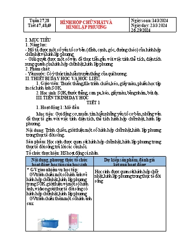Kế hoạch bài dạy Hình học Lớp 7 Sách Kết nối tri thức - Tuần 27+28 - Tiết 47+48+49: Hình hộp chữ nhật và hình lập phương - Năm học 2023-2024 - Hoàng Thị Thêm