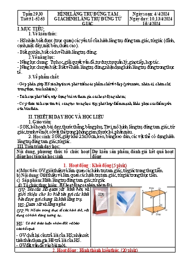 Kế hoạch bài dạy Hình học Lớp 7 Sách Kết nối tri thức - Tuần 29 - Tiết 51+51+53: Hình lăng trụ đứng tam giác. Hình lăng trụ đứng tứ giác - Năm học 2023-2024 - Hoàng Thị Thêm