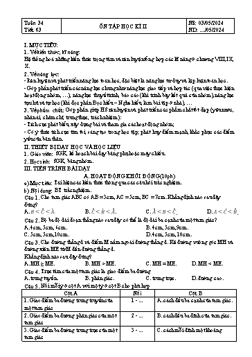 Kế hoạch bài dạy Hình học Lớp 7 Sách Kết nối tri thức - Tuần 34+35 - Tiết 63: Ôn tạp học kì 2 - Năm học 2023-2024 - Hoàng Thị Thêm