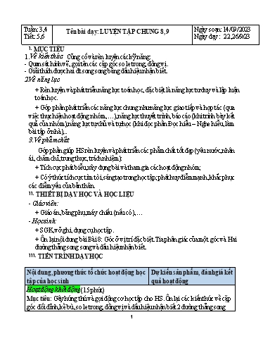 Kế hoạch bài dạy Hình học Lớp 7 Sách Kết nối tri thức - Tuần 3+4 - Tiết 5+6: Luyện tập chung 8+9 - Năm học 2023-2024 - Hoàng Thị Thêm