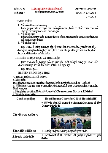 Kế hoạch bài dạy Hình học Lớp 7 Sách Kết nối tri thức - Tuần 31+32 - Tiết 56+57: Làm quen với biến cố - Năm học 2023-2024 - Hoàng Thị Thêm