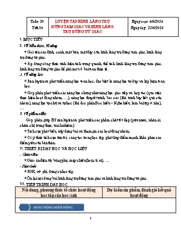 Kế hoạch bài dạy Hình học Lớp 7 Sách Kết nối tri thức - Tuần 30 - Tiết 54: Luyện tập hình lăng trụ đứng tam giác và hình lăng trụ đứng tứ giác - Năm học 2023-2024 - Hoàng Thị Thêm