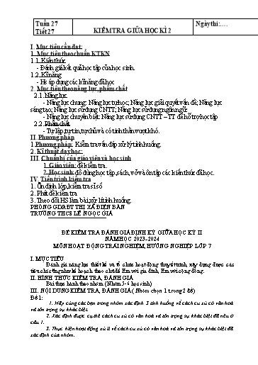Kế hoạch bài dạy Hoạt động trải nghiệm Lớp 7 Sách Kết nối tri thức - Tuần 27 - Năm học 2023-2024 - Hoàng Thị Thêm