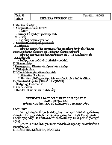 Kế hoạch bài dạy Hoạt động trải nghiệm Lớp 7 Sách Kết nối tri thức - Tuần 35 - Năm học 2023-2024 - Hoàng Thị Thêm