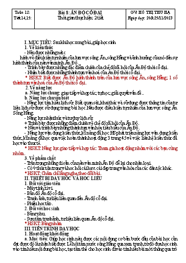 Kế hoạch bài dạy Lịch sử Lớp 6 Sách Kết nối tri thức - Tuần 12 - Bài 8: Ấn Độ cổ đại - Năm học 2023-2024 - Hồ Thị Thu Hạ