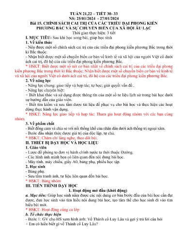 Kế hoạch bài dạy Lịch sử Lớp 6 Sách Kết nối tri thức - Tuần 21+22 - Bài 15: Chính sách cai trị của các triều đại phong kiến phương Bắc và sự chuyển biến của xã hội Âu Lạc - Năm học 2023-2024 - Hồ Thị Thu Hạ