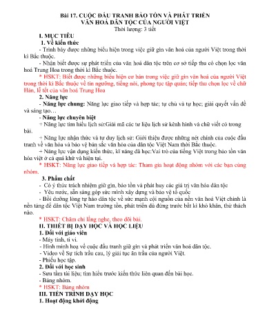 Kế hoạch bài dạy Lịch sử Lớp 6 Sách Kết nối tri thức - Tuần 24+25 - Bài 17: Cuộc đấu tranh bảo tồn và phát triển văn hoá dân tộc của người Việt - Năm học 2023-2024 - Hồ Thị Thu Hạ Kế hoạch bài dạy Lịch sử Lớp 6 Sách Kết nối tri thức - Tuần 24+25 - Bài 17: Cuộc đấu tranh bảo tồn và phát triển văn hoá dân tộc của người Việt - Năm học 2023-2024 - Hồ Thị Thu Hạ