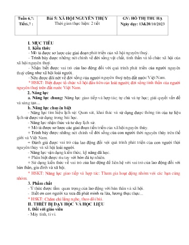 Kế hoạch bài dạy Lịch sử Lớp 6 Sách Kết nối tri thức - Tuần 6+7 - Bài 5: Xã hội nguyên thủy - Năm học 2023-2024 - Hồ Thị Thu Hạ