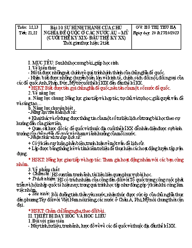 Kế hoạch bài dạy Lịch sử Lớp 8 Sách Kết nối tri thức - Tuần 12+13 - Bài 10: Sự hình thành của chủ nghĩa đế quốc ở các nước Âu – Mỹ (cuối thế kỷ XIX-đầu thế kỷ XX) - Năm học 2023-2024 - Hồ Thị Thu Hạ