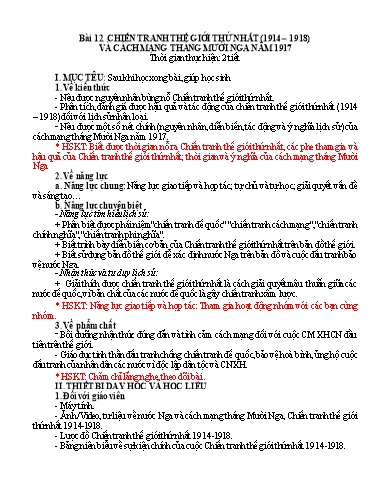 Kế hoạch bài dạy Lịch sử Lớp 8 Sách Kết nối tri thức - Tuần 19+20 - Bài 12: Chiến tranh thế giới thứ nhất (1914-1918) và cách mạng Tháng Mười Nga năm 1917 - Năm học 2023-2024 - Hồ Thị Thu Hạ