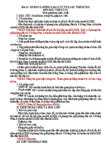 Kế hoạch bài dạy Lịch sử Lớp 8 Sách Kết nối tri thức - Tuần 27 - Bài 15: Ấn Độ và Đông Nam Á từ nửa sau thế kỉ XIX đến đầu thế kỉ XX - Năm học 2023-2024 - Hồ Thị Thu Hạ