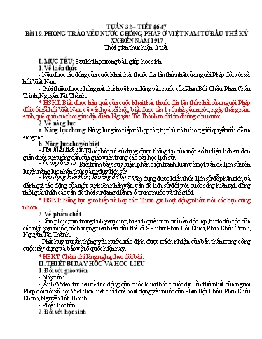 Kế hoạch bài dạy Lịch sử Lớp 8 Sách Kết nối tri thức - Tuần 32 - Bài 19: Phong trào yêu nước chống Pháp ở Việt Nam từ đầu thế kỷ XX đến năm 1917 - Năm học 2023-2024 - Hồ Thị Thu Hạ
