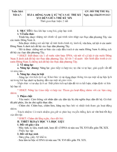 Kế hoạch bài dạy Lịch sử Lớp 8 Sách Kết nối tri thức - Tuần 4 - Bài 4: Đông Nam Á từ nửa sau thế kỷ XVI đến giữa thế kỷ XIX - Năm học 2023-2024 - Hồ Thị Thu Hạ