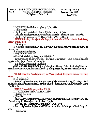Kế hoạch bài dạy Lịch sử Lớp 8 Sách Kết nối tri thức - Tuần 5 - Bài 5: Cuộc xung đột Nam Bắc triều và Trịnh Nguyễn - Năm học 2023-2024 - Hồ Thị Thu Hạ