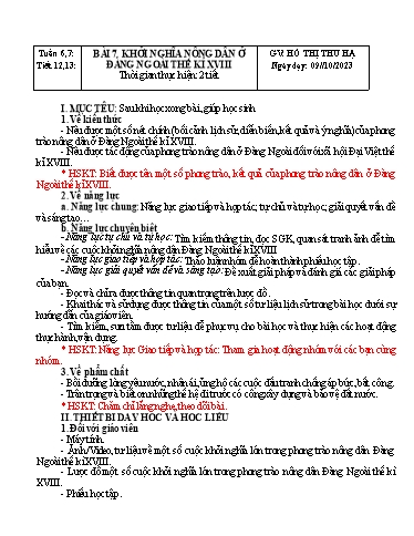Kế hoạch bài dạy Lịch sử Lớp 8 Sách Kết nối tri thức - Tuần 7 - Bài 7: Khởi nghĩa nông dân ở Đàng Ngoài thế kỉ XVIII - Năm học 2023-2024 - Hồ Thị Thu Hạ