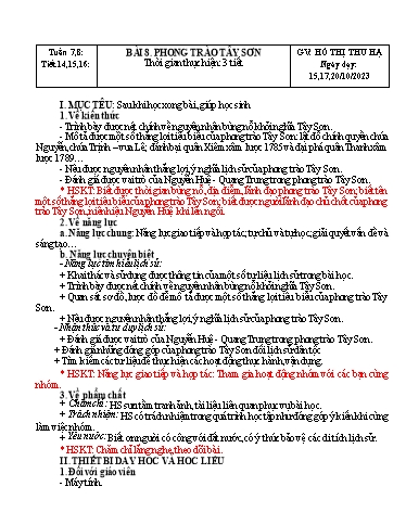Kế hoạch bài dạy Lịch sử Lớp 8 Sách Kết nối tri thức - Tuần 8 - Bài 8: Phong trào Tây Sơn - Năm học 2023-2024 - Hồ Thị Thu Hạ