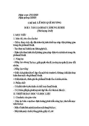 Kế hoạch bài dạy Mĩ thuật Lớp 6 Sách Chân trời sáng tạo - Tuần 13+14 - Năm học 2023-2024 - Lâm Ngọc Thảo Nguyên
