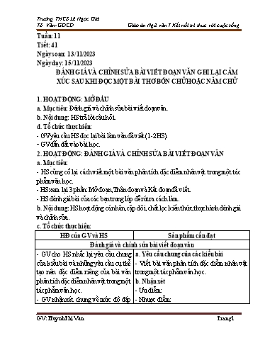 Kế hoạch bài dạy Ngữ văn Lớp 7 Sách Kết nối tri thức - Tuần 11 - Năm học 2023-2024 - Huỳnh Thị Vân