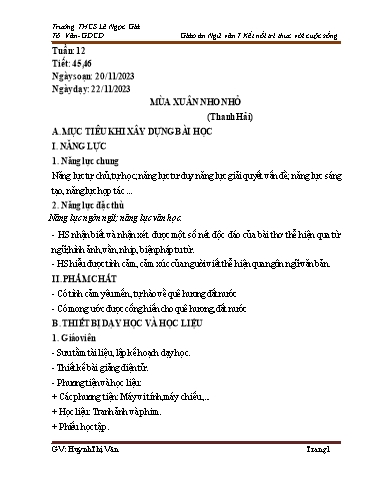 Kế hoạch bài dạy Ngữ văn Lớp 7 Sách Kết nối tri thức - Tuần 12 - Năm học 2023-2024 - Huỳnh Thị Vân