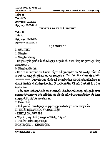 Kế hoạch bài dạy Ngữ văn Lớp 7 Sách Kết nối tri thức - Tuần 18 - Năm học 2023-2024 - Huỳnh Thị Vân
