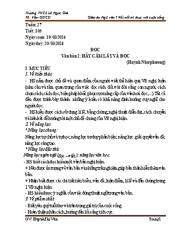 Kế hoạch bài dạy Ngữ văn Lớp 7 Sách Kết nối tri thức - Tuần 27 - Năm học 2023-2024 - Huỳnh Thị Vân