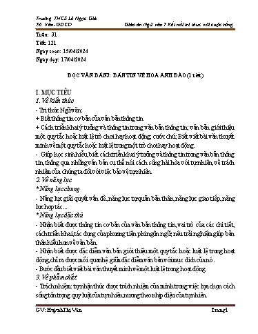 Kế hoạch bài dạy Ngữ văn Lớp 7 Sách Kết nối tri thức - Tuần 31 - Năm học 2023-2024 - Huỳnh Thị Vân