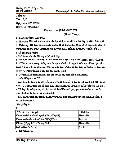 Kế hoạch bài dạy Ngữ văn Lớp 7 Sách Kết nối tri thức - Tuần 5 - Năm học 2023-2024 - Huỳnh Thị Vân