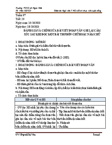 Kế hoạch bài dạy Ngữ văn Lớp 7 Sách Kết nối tri thức - Tuần 7 - Năm học 2023-2024 - Huỳnh Thị Vân