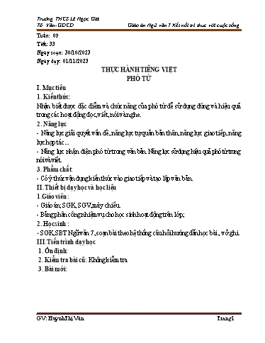 Kế hoạch bài dạy Ngữ văn Lớp 7 Sách Kết nối tri thức - Tuần 9 - Năm học 2023-2024 - Huỳnh Thị Vân