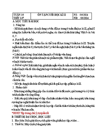 Kế hoạch bài dạy Ngữ văn Lớp 8 Sách Kết nối tri thức - Tuần 35 - Năm học 2023-2024 - Doãn Thị Tố Lan