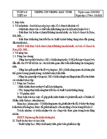 Kế hoạch bài dạy Tin học Lớp 6 Sách Kết nối tri thức - Tuần 4+5 - Tiết 4+5: Thông tin trong máy tính - Năm học 2023-2024 - Hoàng Thị Thêm